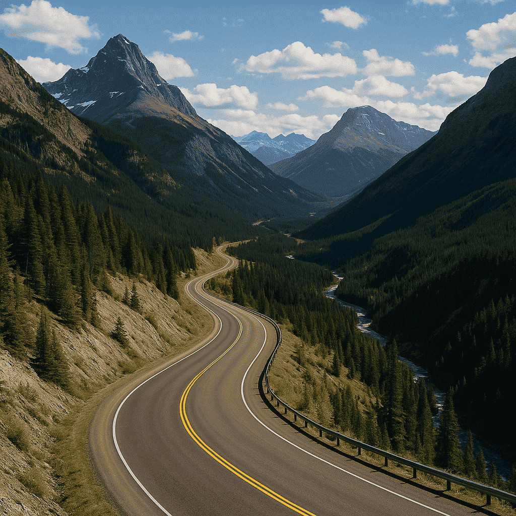 Scenic view of Crowsnest Highway through the Canadian Rockies